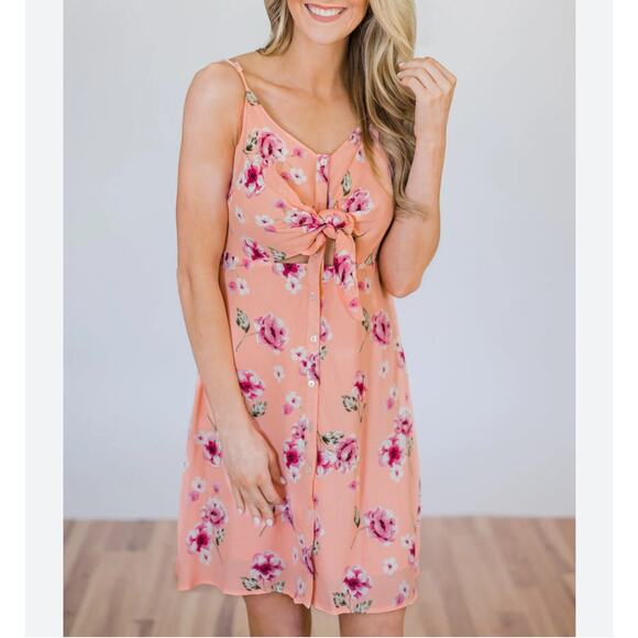 PROMESA Dress Size Medium NWT Floral Peach Button Down Tie Mini Boutique - Picture 1 of 16